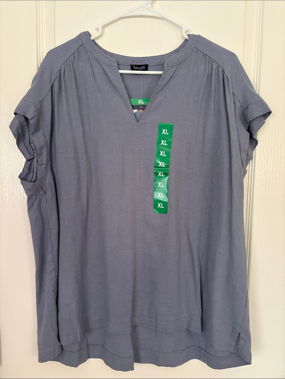 Splendid Dusty Blue Split V Neck Short Sleeve Tunic Womens XL NWT Hi Low Shirt